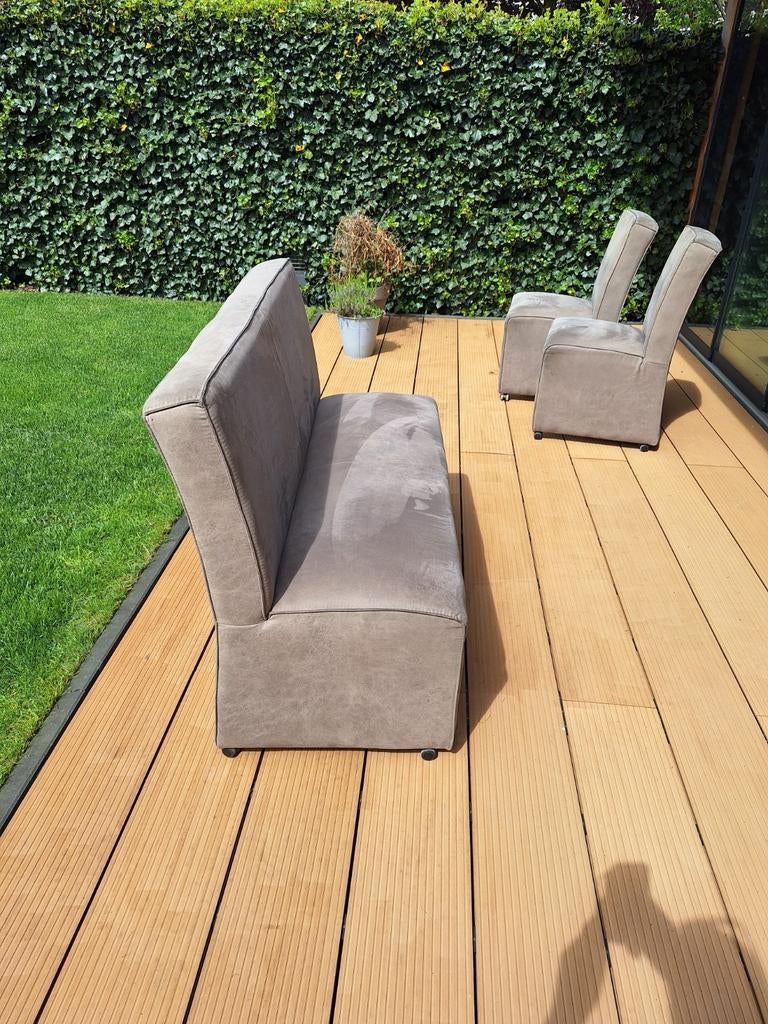 Taupe bankje en 2 stoelen, Ophalen, Gebruikt, Minder dan 75 cm, Tweepersoons