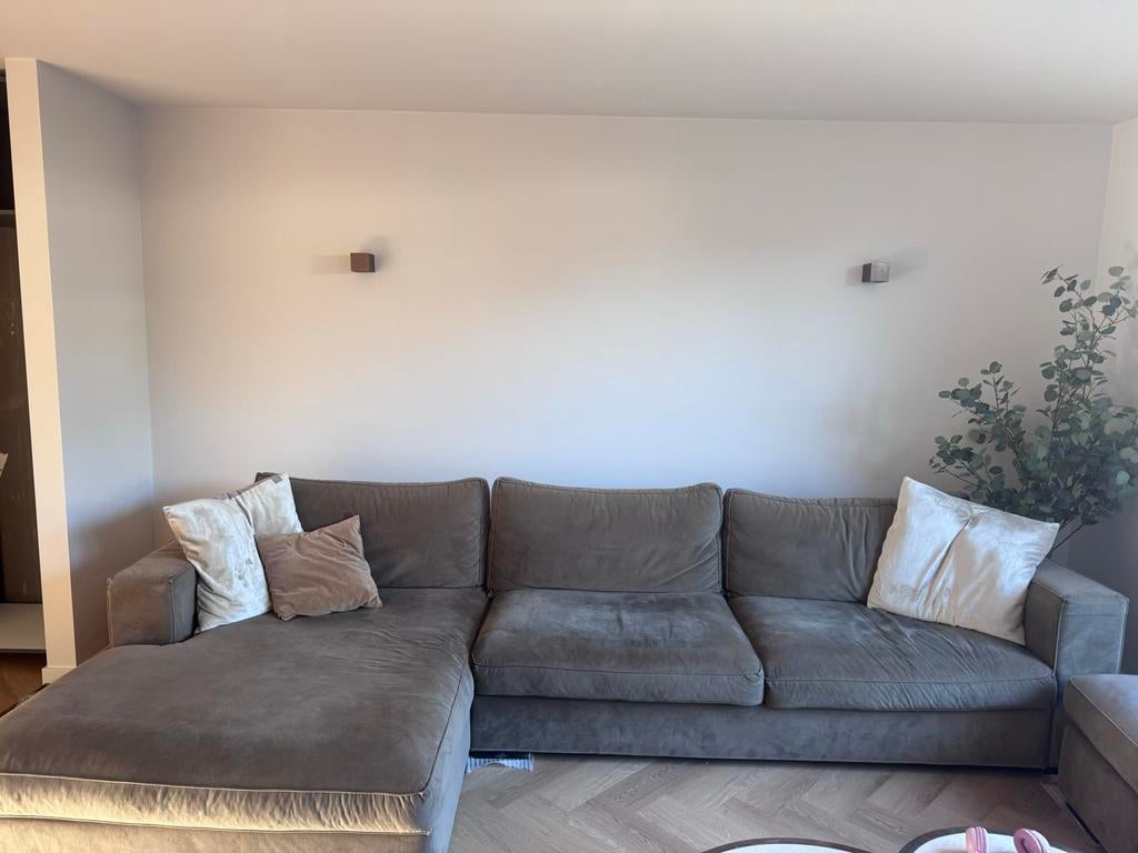 Hoekbank met poef - Comfortabel en stijlvol, Ophalen, Gebruikt, 125 cm of meer, Stof