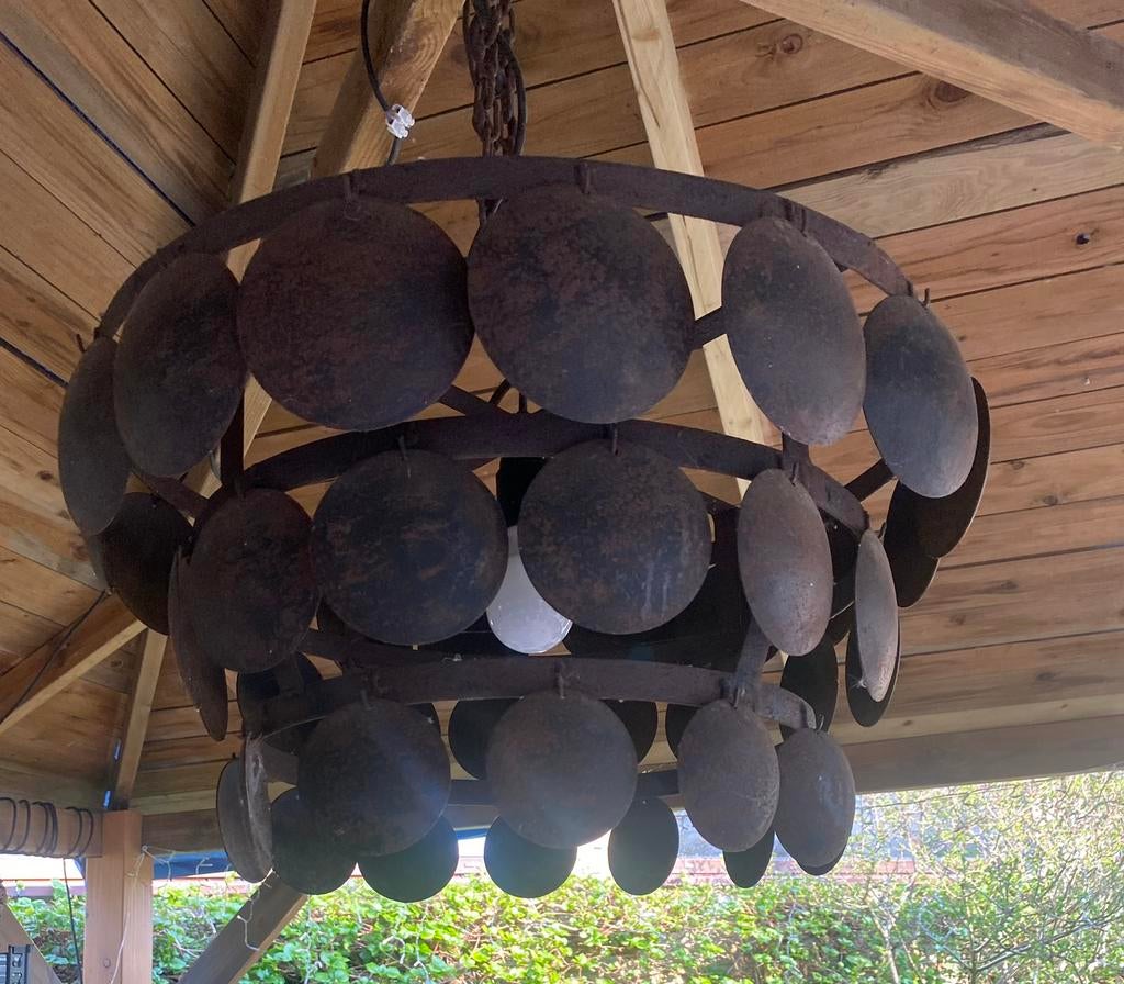 Brocante, stoere schijfjeslamp, plaatjeslamp, Ophalen of Verzenden, Zo goed als nieuw, Minder dan 50 cm