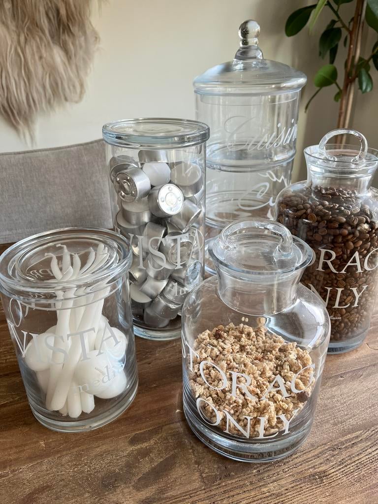 Riviera Maison glazen voorraad potten, Huis en Inrichting, Woonaccessoires | Vazen, Overige kleuren, Ophalen of Verzenden, Minder dan 50 cm