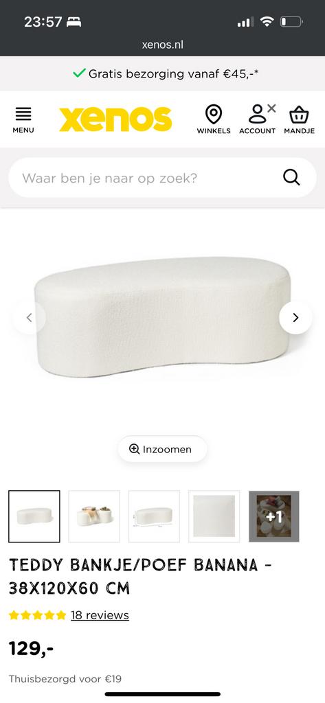 Xenos Boucle bankje/poef banana - 38x120x60 cm, Huis en Inrichting, Banken | Voetenbanken en Poefen, Ophalen, Nieuw, Rechthoekig