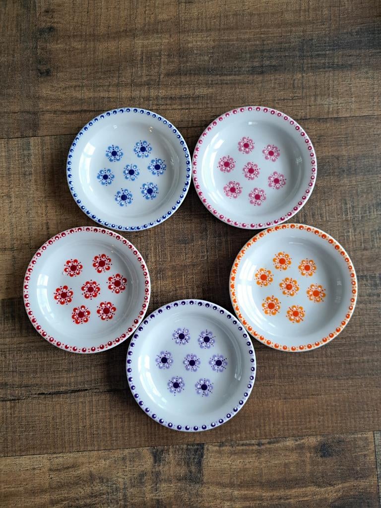Set van 5 handgestipte theetipjes/schaaltjes, Ophalen of Verzenden