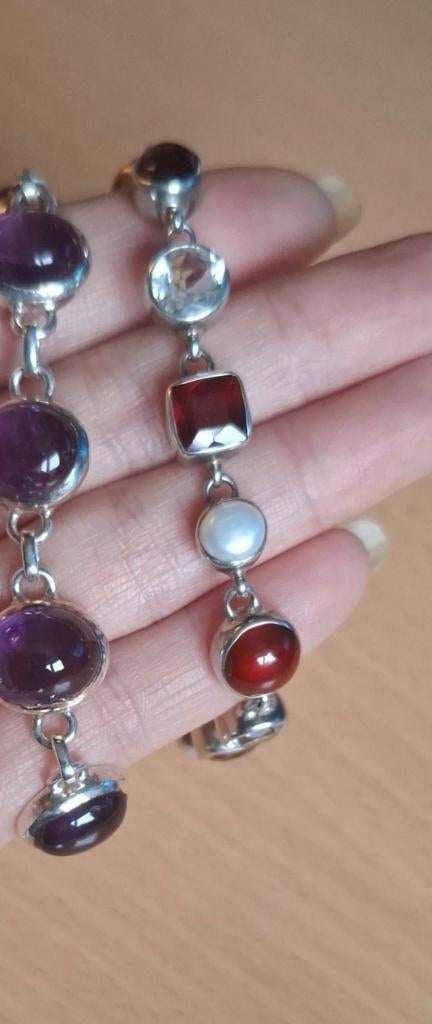 Zilveren armband granaat, topaas en parels, Verzenden, Zo goed als nieuw, Met edelsteen, Rood