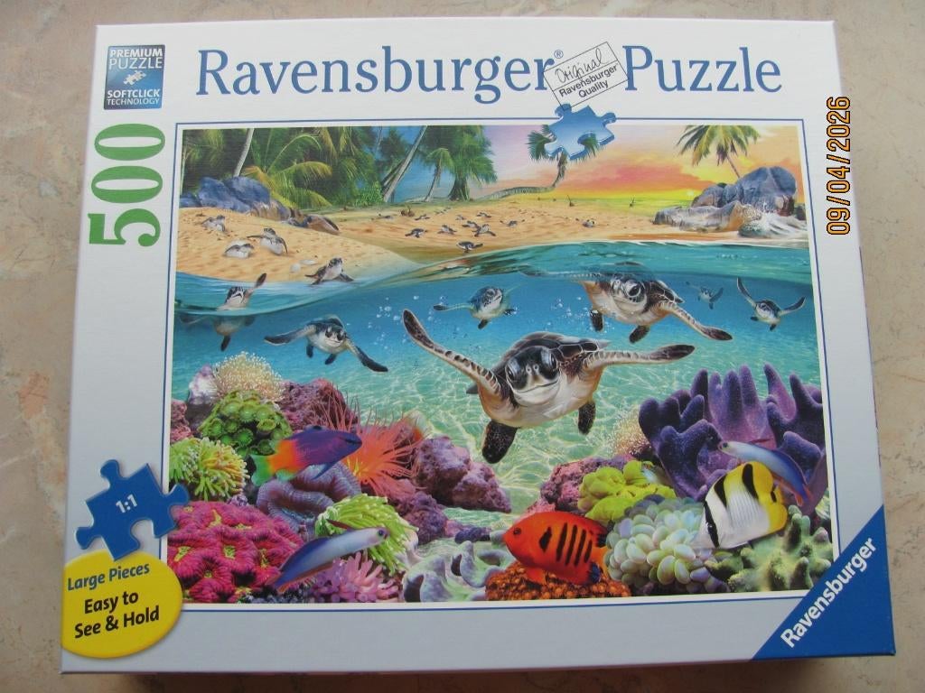 NIEUWSTAAT 500 p PUZZEL XL Baby Zeeschildpadden RAVENSBURGER, Ophalen of Verzenden, 500 t/m 1500 stukjes, Zo goed als nieuw, Legpuzzel