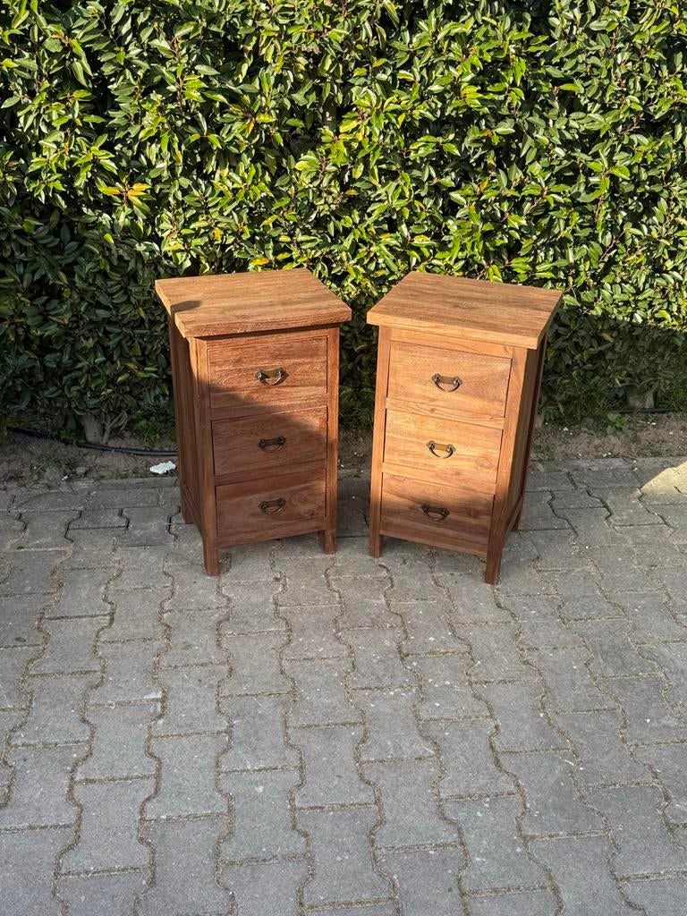 Nachtkastjes teakhout met 3 lades stoer sober landelijk jwm, Ophalen, Minder dan 45 cm, ., Nieuw