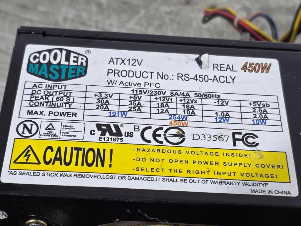 Cooler master 450w max voeding psu power supply rs-450-acly, Ophalen of Verzenden, Gebruikt