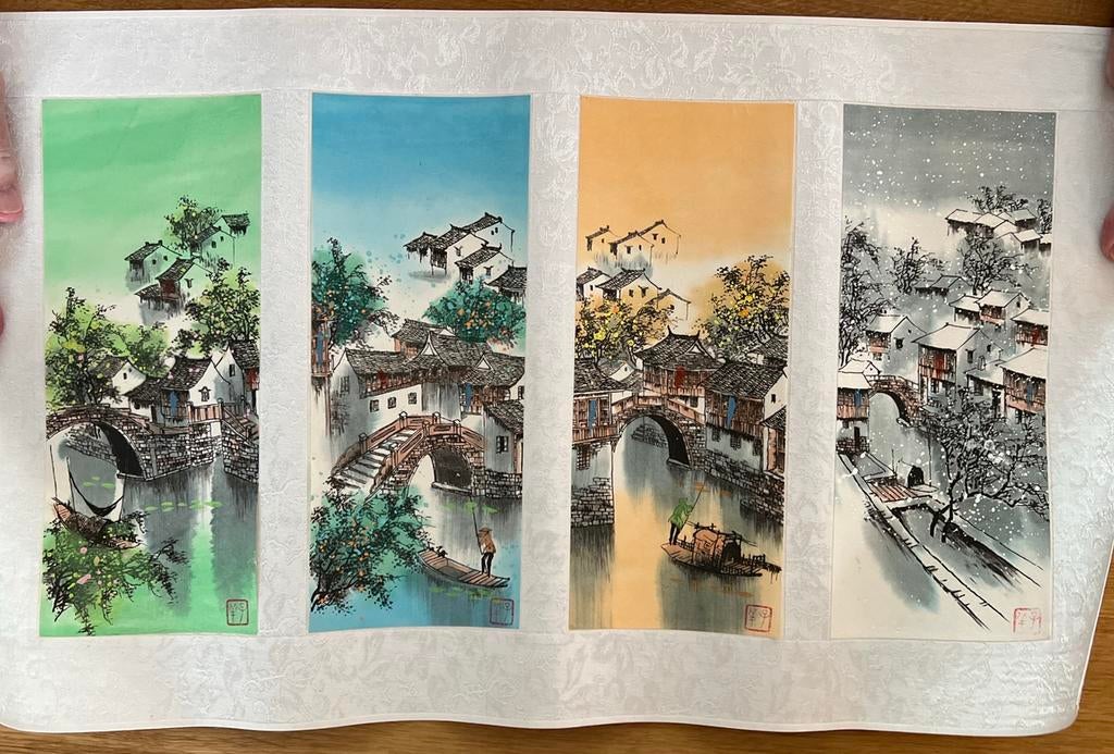 Chinese schilderkunst – 4 seizoenen waterdorp  in doos, Ophalen of Verzenden