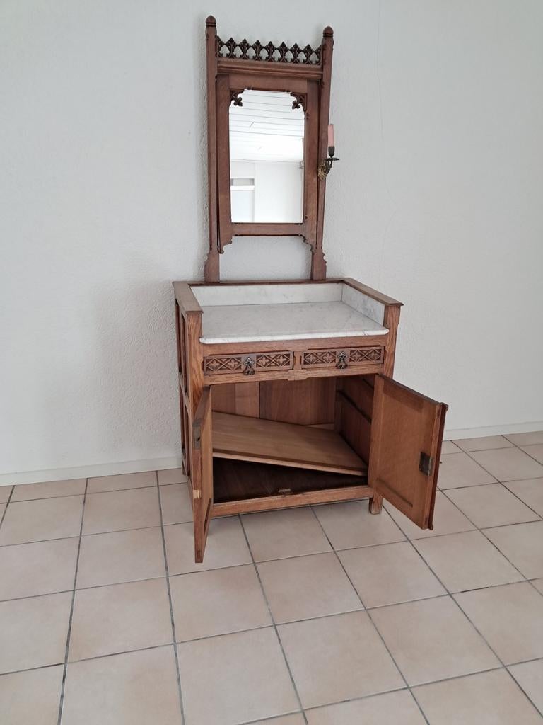 Antiek kastje met spiegel en marmeren blad, Antiek en Kunst, Ophalen