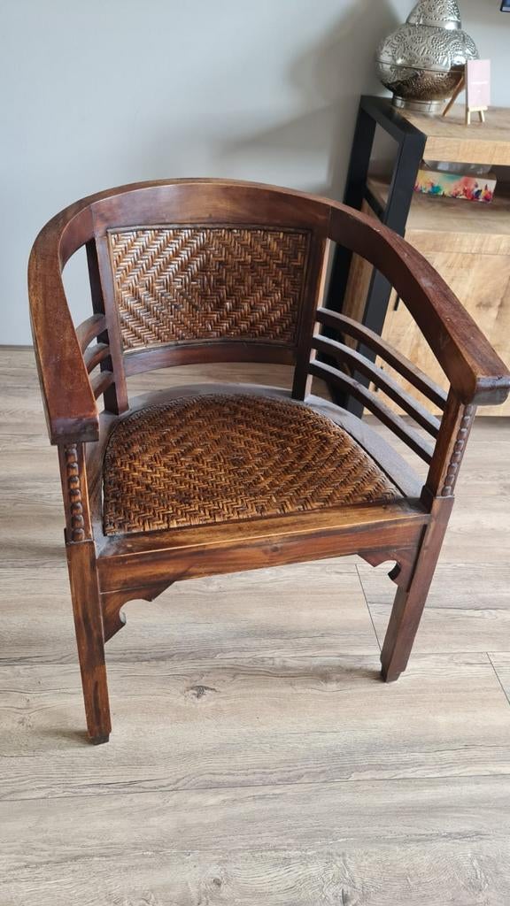 Koloniale houten fauteuil met rotan zitting, Ophalen of Verzenden, Gebruikt, Bruin, Eén