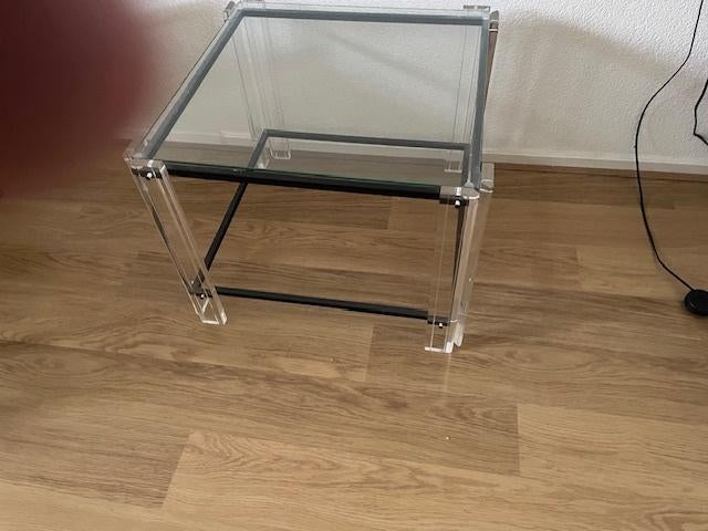 Glazen hoektafel, Huis en Inrichting, Tafels | Salontafels, Ophalen, 50 tot 100 cm, 50 tot 100 cm, Zo goed als nieuw