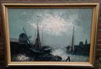 Nachtelijk rivier landschap met bootjes J.v. Wals ~1980 olie, Ophalen of Verzenden