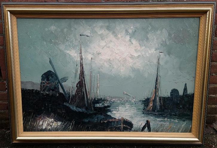 Nachtelijk rivier landschap met bootjes J.v. Wals ~1980 olie, Antiek en Kunst, Kunst | Schilderijen | Klassiek, Ophalen of Verzenden