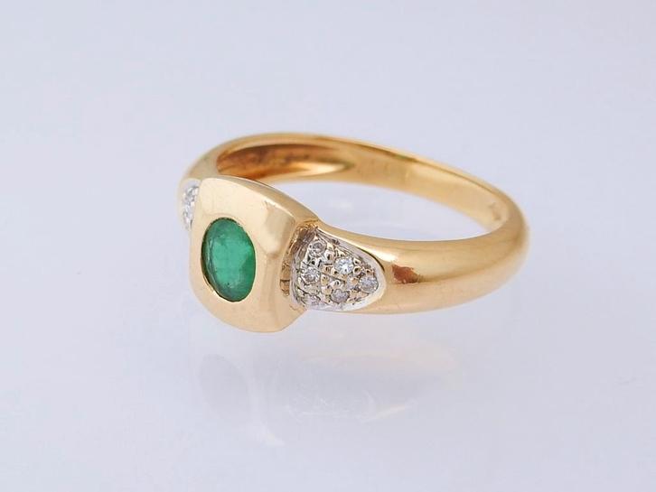 18 karaat Gouden Ring Damesring 12 Diamanten en Smaragd, Sieraden, Tassen en Uiterlijk, Ringen, Nieuw, Dame, 17 tot 18, Goud, Goud
