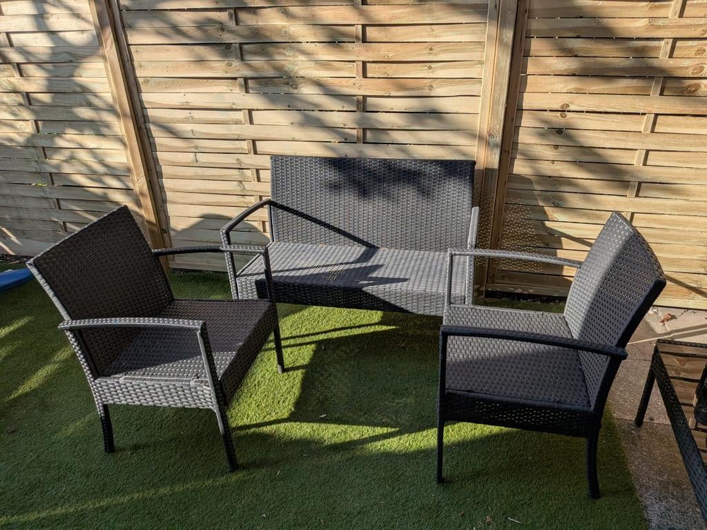 Zwarte Wicker Tuinset - 2 Stoelen en 1 Bank, Tuin en Terras, Tuinsets en Loungesets, 4 zitplaatsen, Gebruikt, Ophalen of Verzenden