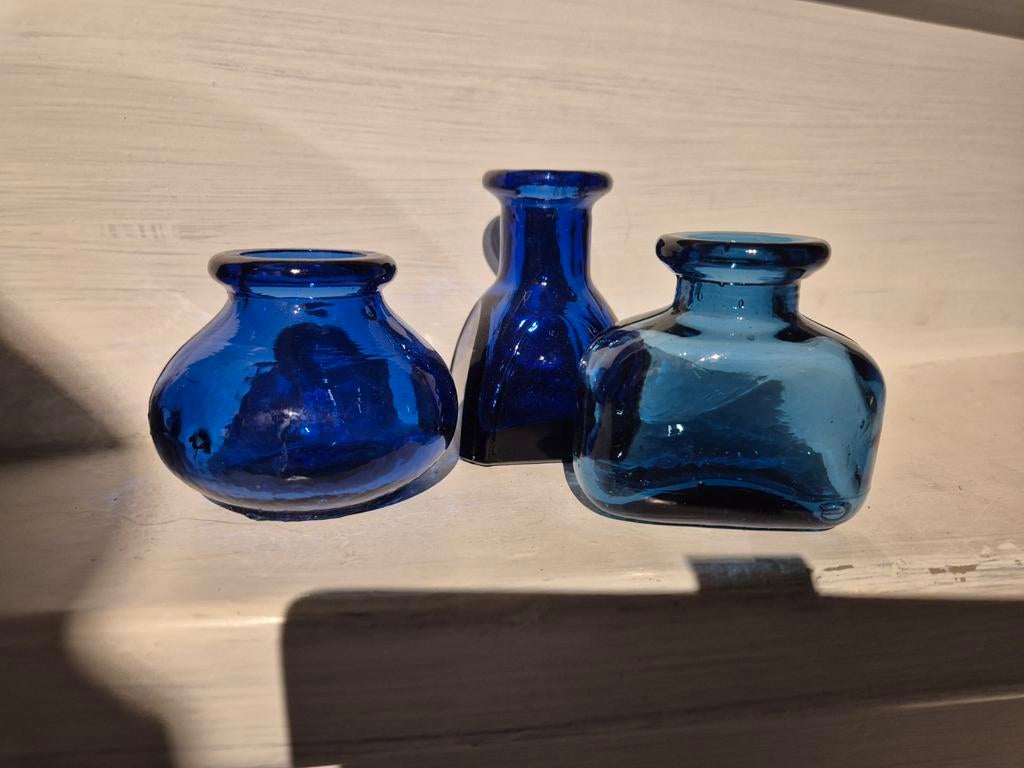 Set van 3 kobaltblauwe glazen vaasjes/flesjes, Ophalen of Verzenden