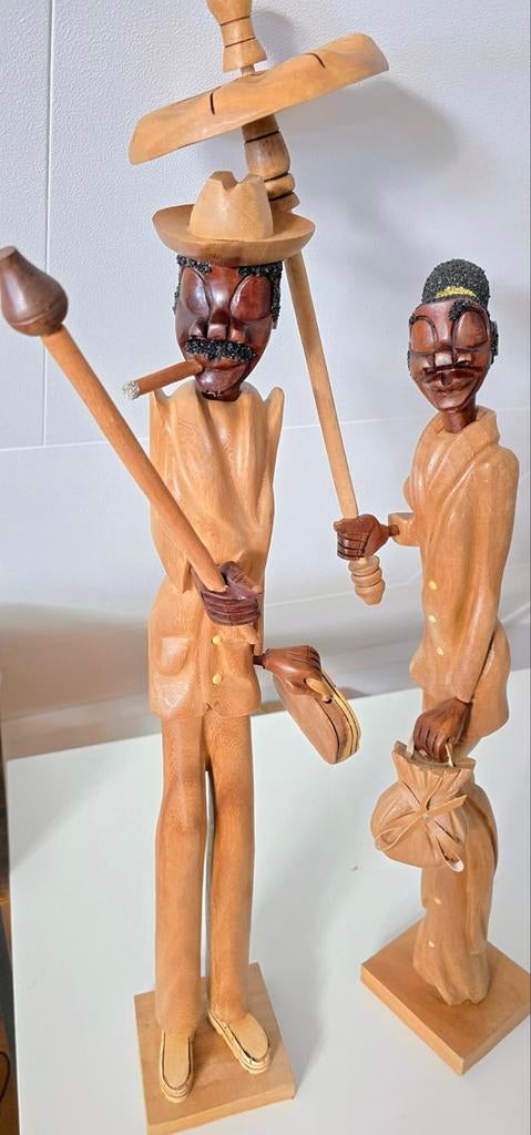 Houten Beelden Afrikaanse Man en Vrouw - Handgemaakt, Groep mensen, Ophalen of Verzenden, Handgemaakt, 20 - 50 cm
