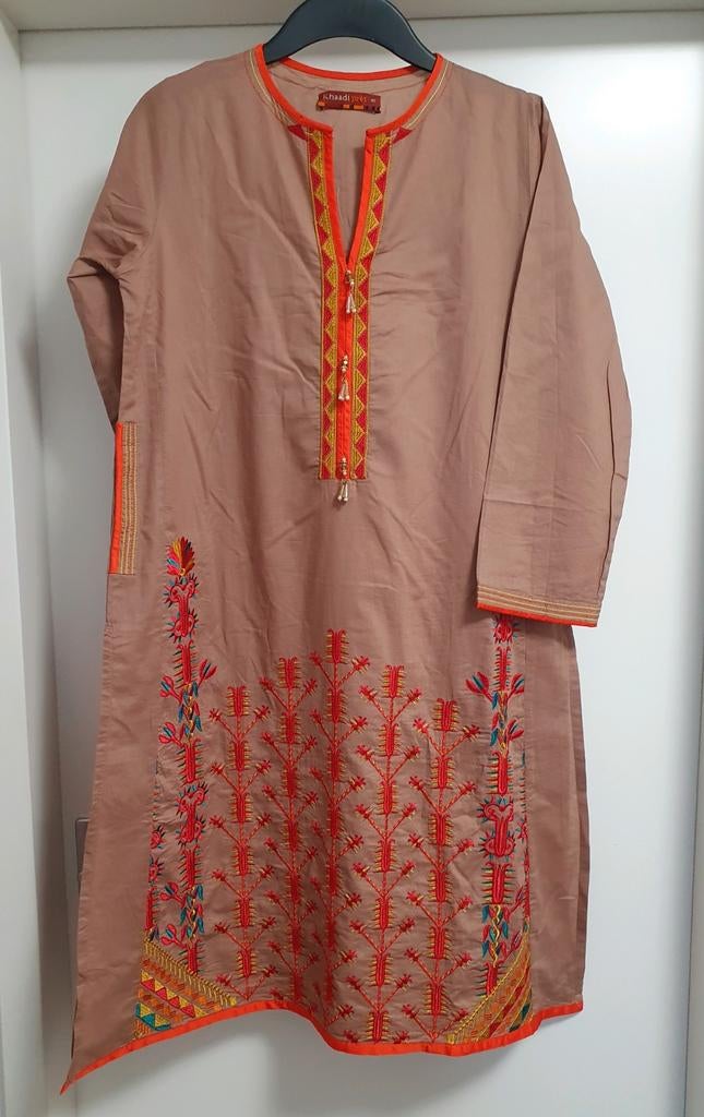 Bruine rood Geborduurde Tuniek Jurk Kameez Kurta Maat S, Kleding | Dames, Bruin, Ophalen of Verzenden, Zo goed als nieuw, Khaadi