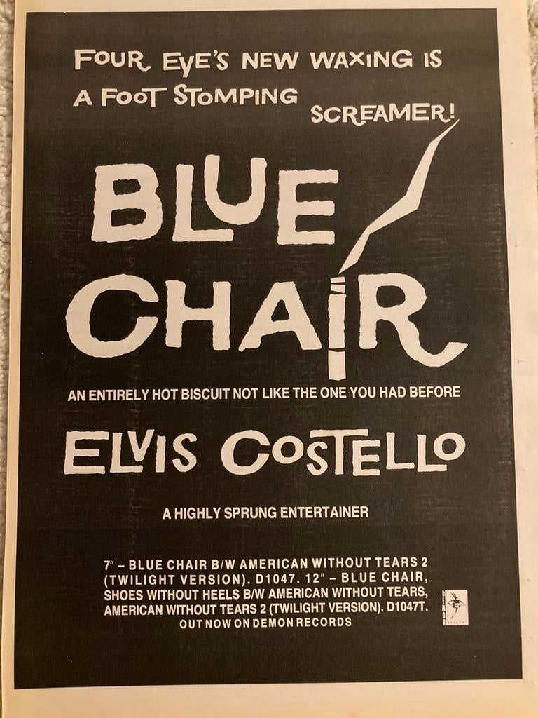 ELVIS COSTELLO Blue Chair release A3 advertentie, Ophalen of Verzenden, Zo goed als nieuw