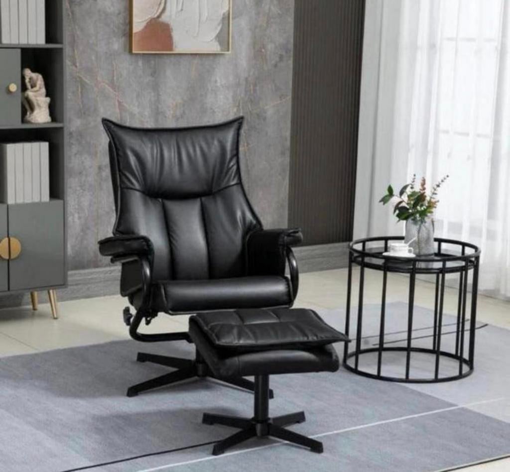 Luxe Zwart Lederen Relaxfauteuil metVoetenbank NIEUW IN DOOS, Huis en Inrichting, Fauteuils, Nieuw, Leer, Ophalen of Verzenden