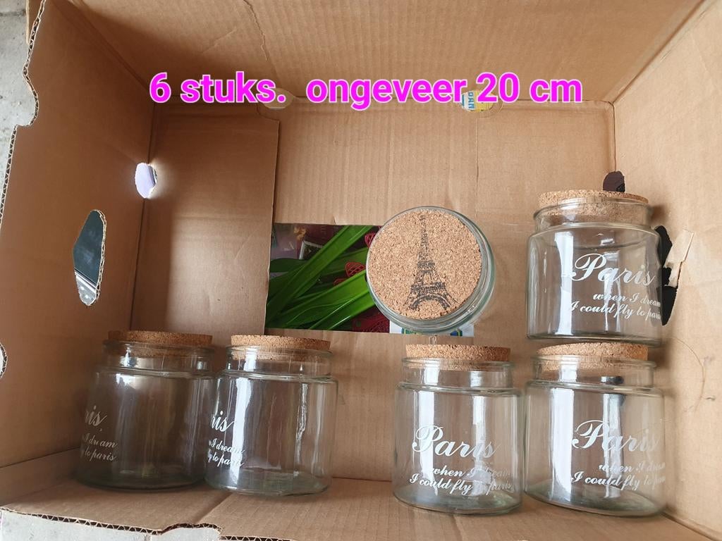 6 glazen potten met kurkdeksel, Huis en Inrichting, Woonaccessoires | Vazen, Ophalen of Verzenden, Nieuw, Glas, Minder dan 50 cm