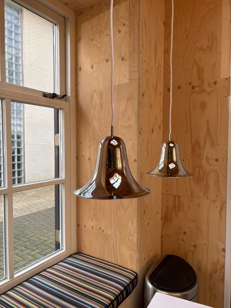 2x hanglamp Frandsen Lighting Pantop chroom Verner Panton, Frandsen Verpan Verner Panton Louis Poulsen, Frandsen lighting a/s