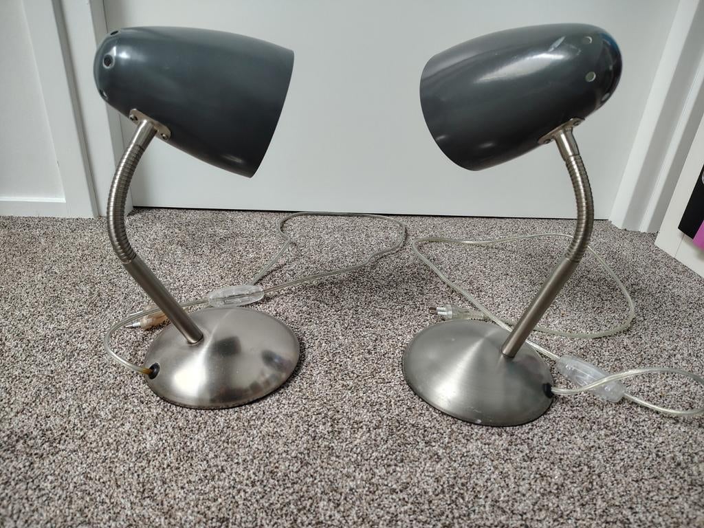 Set van 2 Hema bureaulampjes grijs met flexibele hals, Gebruikt, Modern, functioneel, Ophalen of Verzenden, Metaal