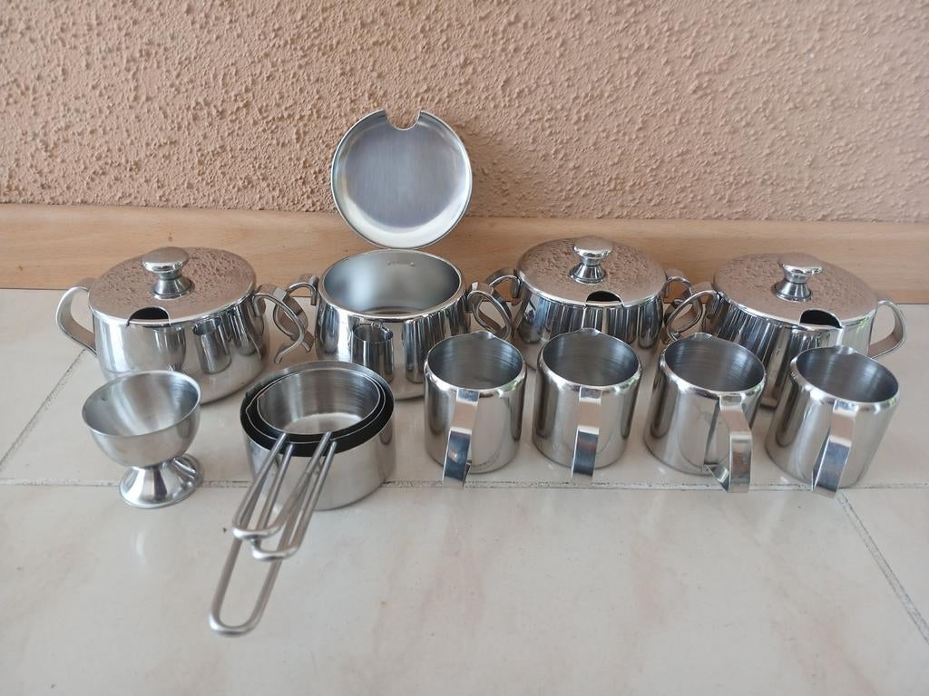 Stalen suiker en melk set, melkkannetje, melkkookpannetjes, Huis en Inrichting, Keuken | Servies, Ophalen of Verzenden, Overige materialen