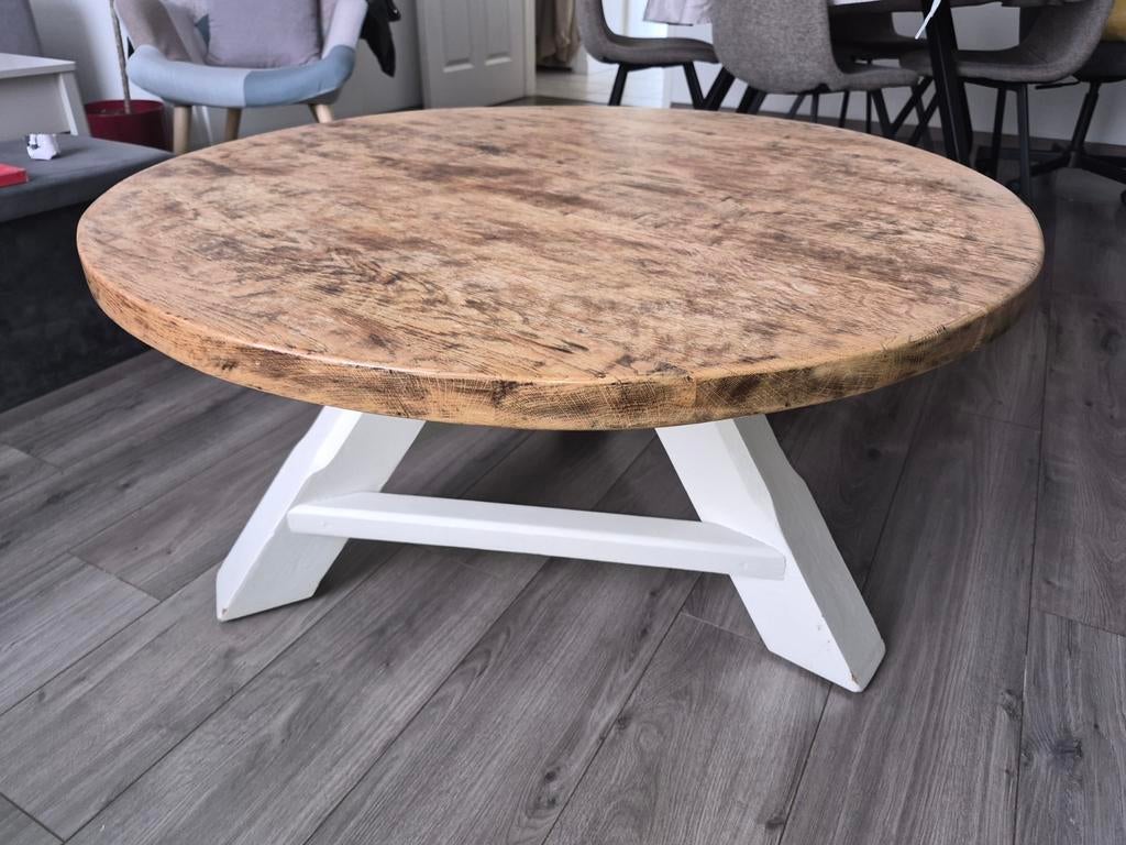 Rustieke ronde salontafel met wit onderstel, Huis en Inrichting, Tafels | Salontafels, Gebruikt, 50 tot 100 cm, Rustiek, Rond