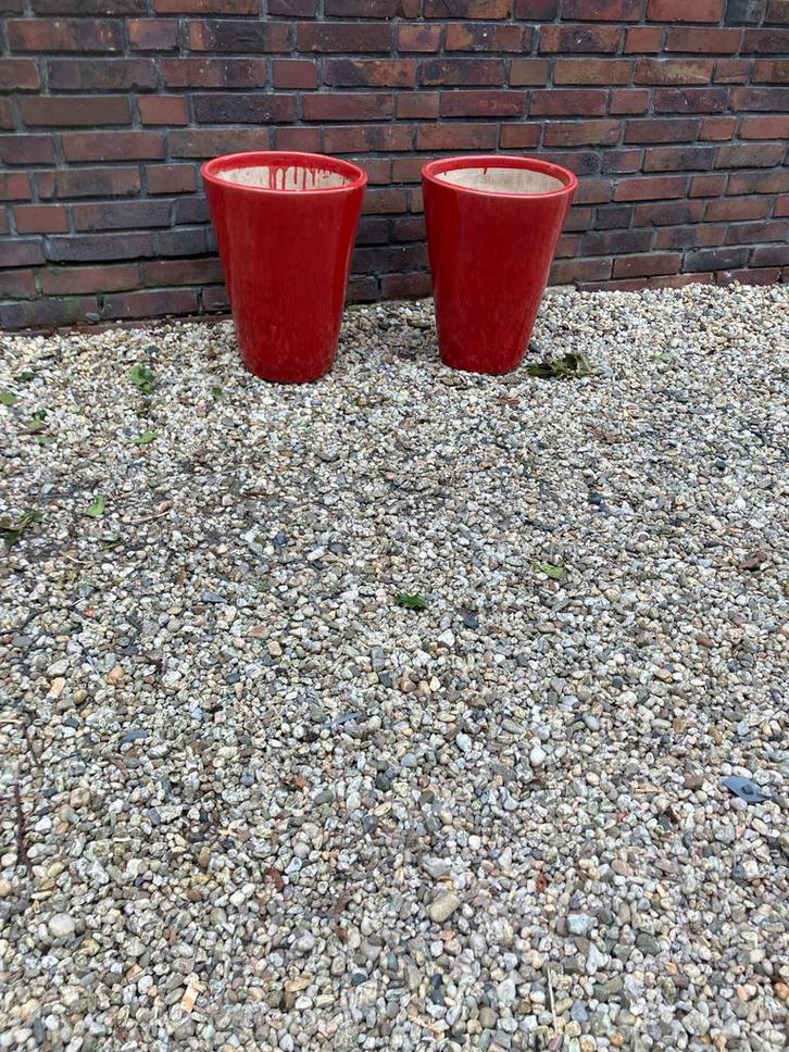Grote rode bloempotten (set van 2), Tuin en Terras, Bloempotten, Gebruikt, Aardewerk, Balkon, 40 tot 70 cm, 25 tot 40 cm, Rond