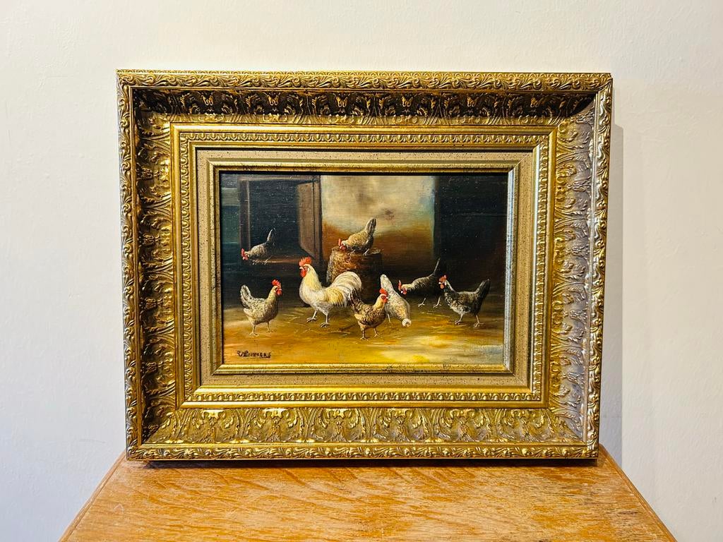Wilhelm Albertus Lammers - Kippen in stal - Olieverf op pane, Ophalen of Verzenden