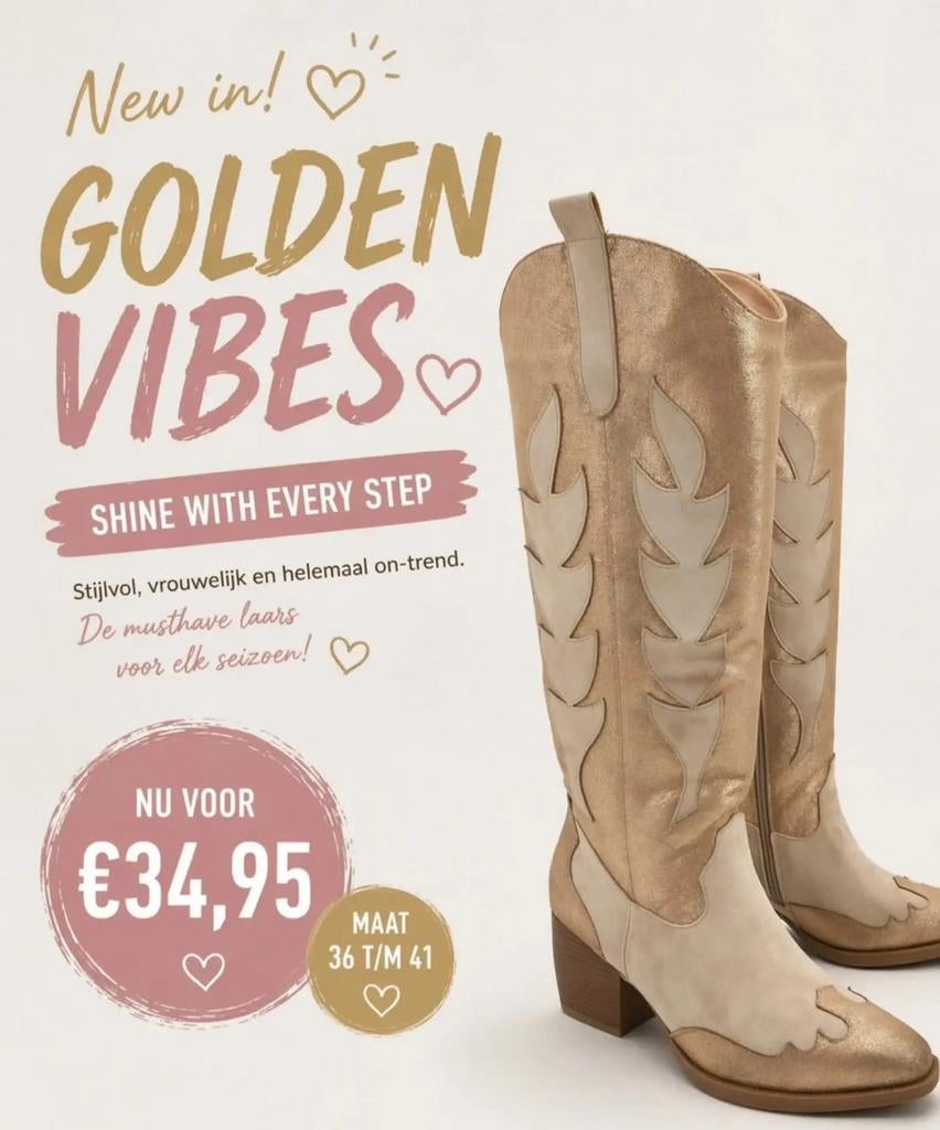 Gouden Western Laarzen - Stijlvol & On-trend, Kleding | Dames, Schoenen, Hoge laarzen, Overige kleuren, Nieuw, Ophalen of Verzenden
