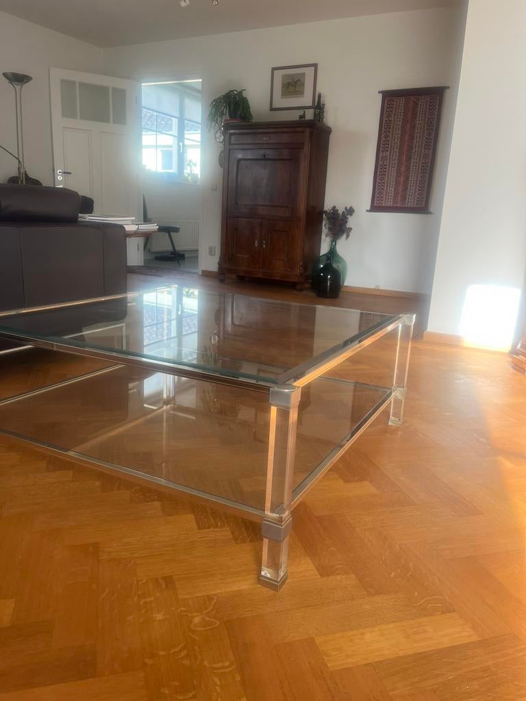 salontafel messing met glas, Huis en Inrichting, Tafels | Salontafels, Ophalen, Gebruikt, 100 tot 150 cm, Vierkant
