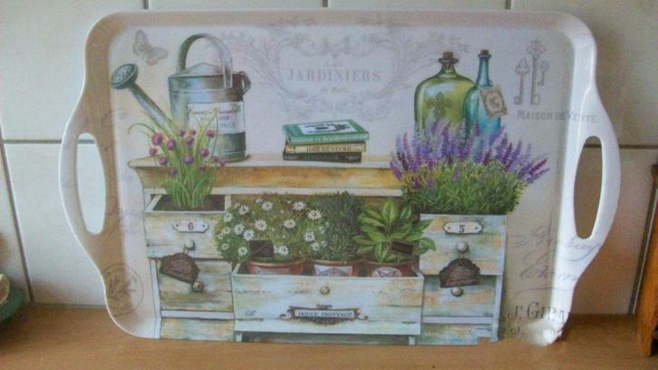 Dienblad met brocante afbeelding, Huis en Inrichting, Woonaccessoires | Dienbladen, Zo goed als nieuw, Kunststof, Rechthoekig