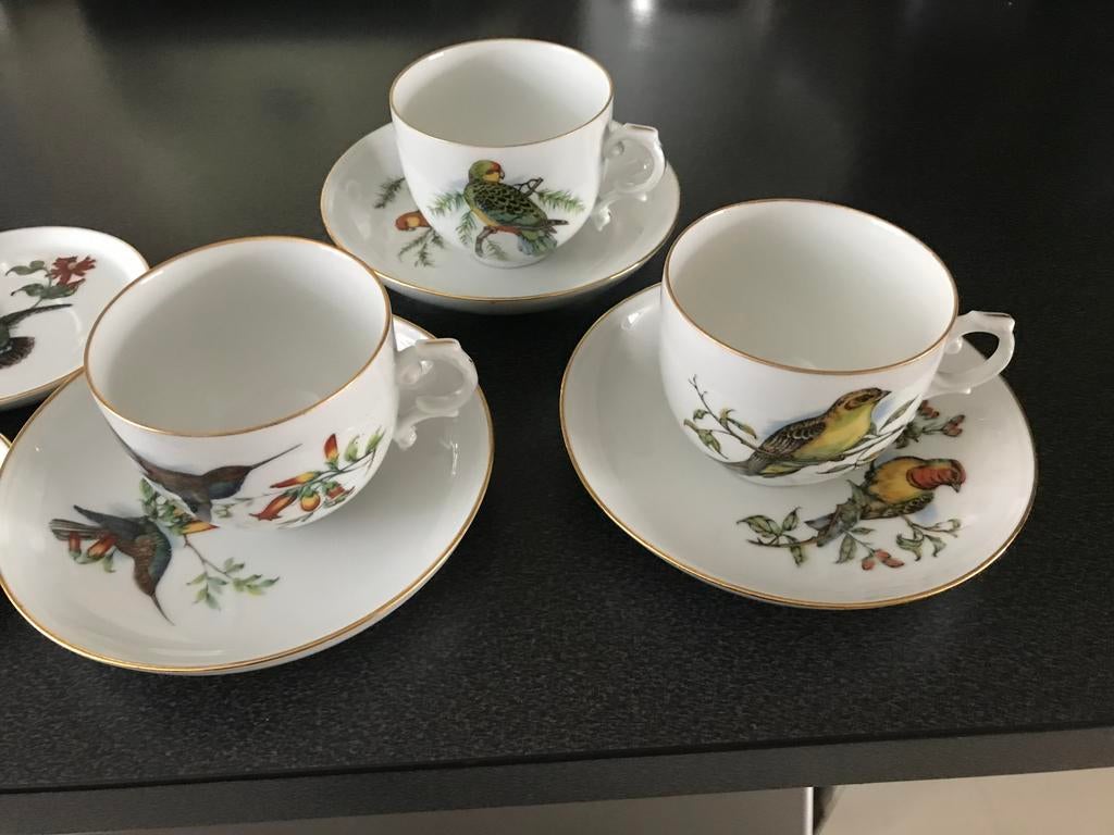 Antieke kop en schotels met vogelmotieven (3 stuks), Ophalen of Verzenden