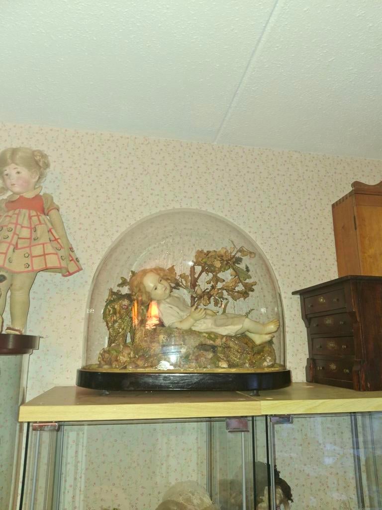 Antieke wassen baby in stolp - Op aanvraag, Verzamelen, Poppen, Ophalen