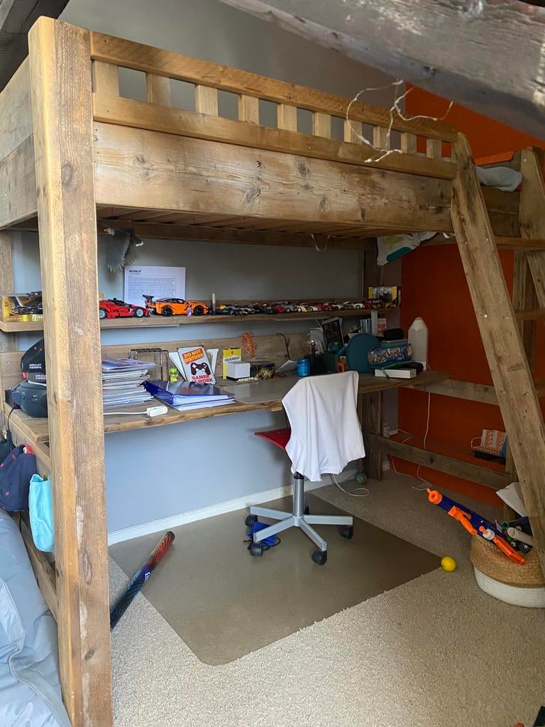 Complete hoogslaper steigerhout incl verlichting en stoel, Ophalen, Hoogslaper
