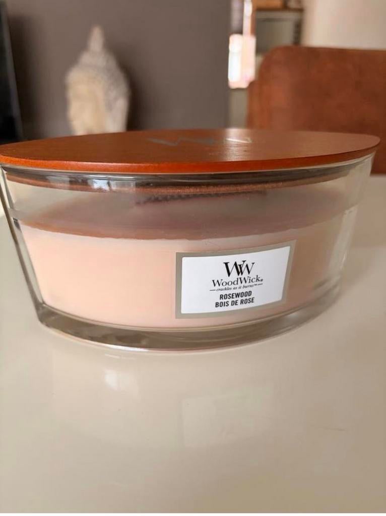 WoodWick Rosewood Kaars - Grote Geurkaars, Overige materialen, Bruin, Ophalen of Verzenden, Zo goed als nieuw