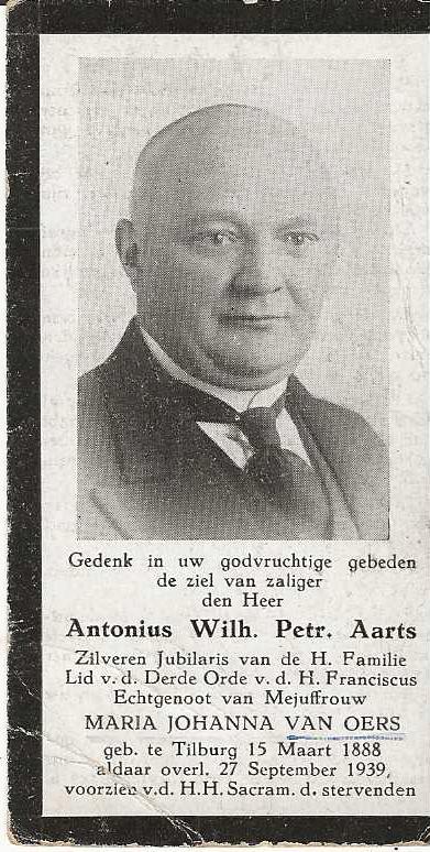 Antonius Aarts * 1888 Tilburg + 1939 Tilburg, Verzamelen, Bidprentjes en Rouwkaarten, Verzenden, Bidprentje