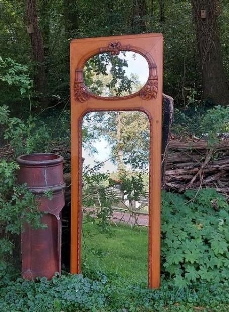 Oude antieke eiken spiegel passpiegel strik halspiegel gro, Ophalen of Verzenden, Rechthoekig