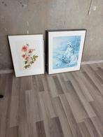 Set van 3 ingelijste kunstwerken: bloemen en figuur, Ophalen