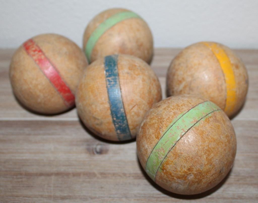 5 oude houten jeu de boules ballen met gekleurde strepen, Antiek en Kunst, Antiek | Speelgoed, Ophalen of Verzenden