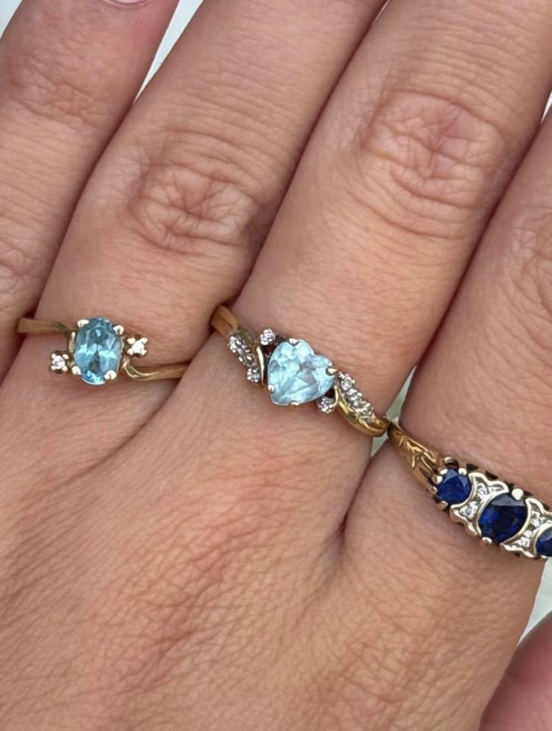 9 karaat geelgouden hartjes ring met topaas en diamantjes, Sieraden, Tassen en Uiterlijk, Ringen, Zo goed als nieuw, 17 tot 18