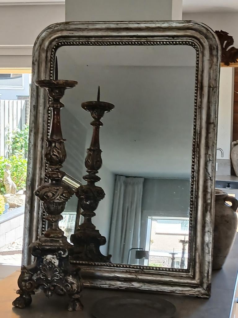 Stijlvolle Grote Antieke Franse Bladzilveren Spiegel, Antiek en Kunst, Antiek | Spiegels, Ophalen, Rechthoekig