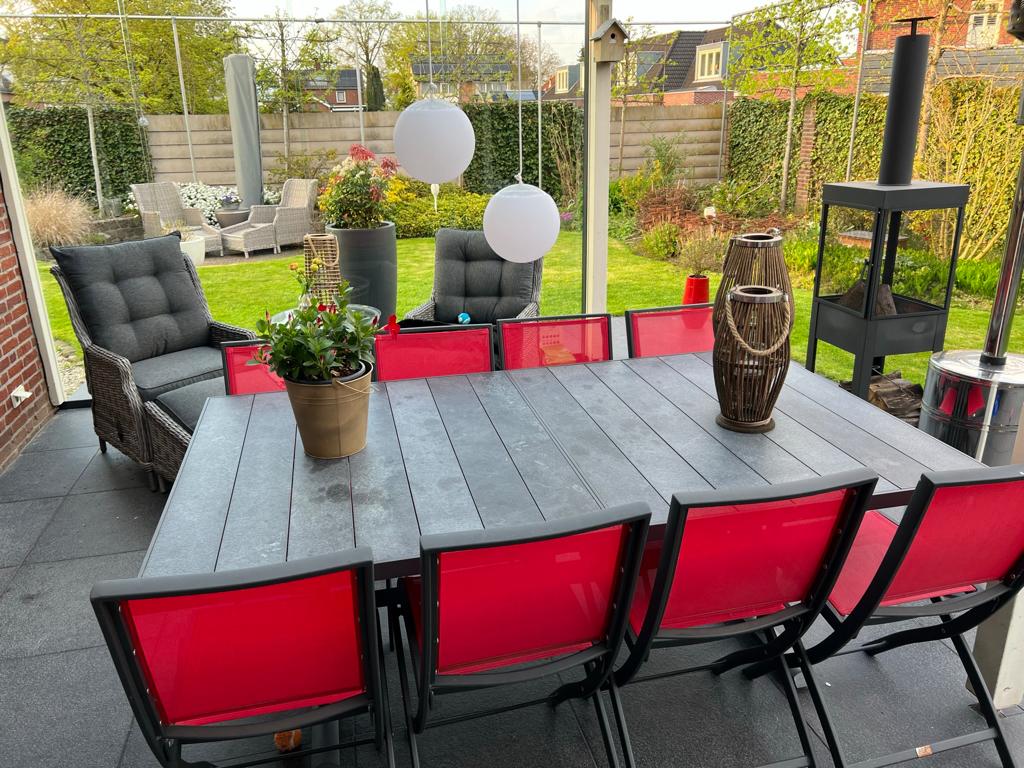 Tuintafel natuursteen uitschuifbaar, 10 personen, Ophalen, Zo goed als nieuw, Rechthoekig, Metaal