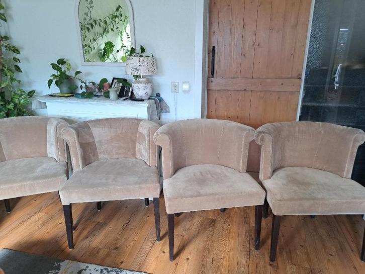 4 beige velours stoelen, Huis en Inrichting, Stoelen, Gebruikt, Vier, Overige kleuren, Ophalen