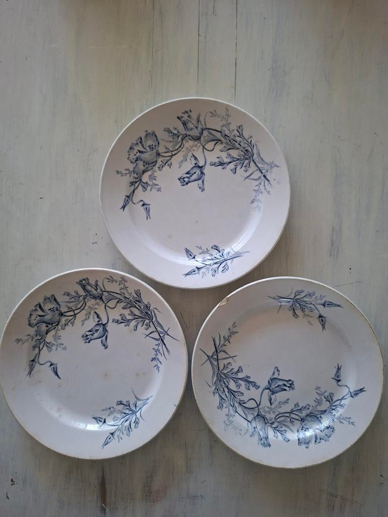 Set van 3 Antieke Bloemen Borden - Blauw en Wit, Ophalen