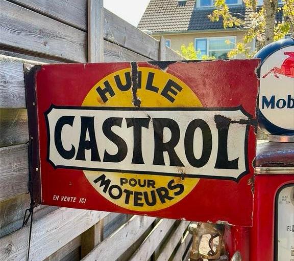 Emaille reclamebord castrol 60x40 jaren 20 dubbelzijdig, Verzamelen, Ophalen of Verzenden, Zo goed als nieuw, Reclamebord