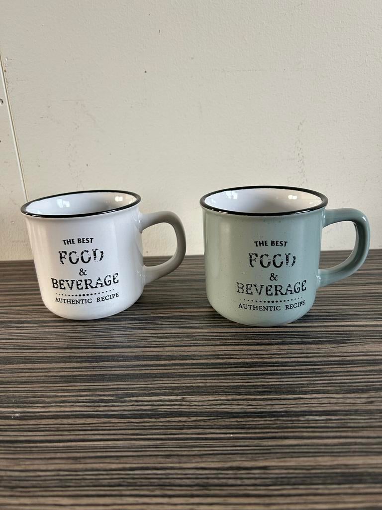Set van 2 Mokken - 'The Best Food & Beverage', Keramiek, Ophalen of Verzenden, Zo goed als nieuw, Overige stijlen
