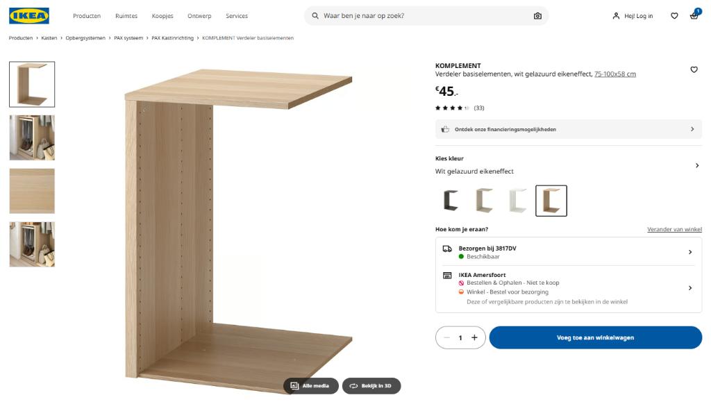 KOMPLEMENT Verdeler (Pax kast), Ophalen, 50 tot 100 cm, Zo goed als nieuw, Minder dan 100 cm