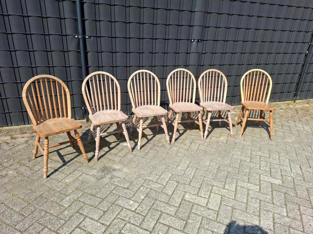 Vintage Massief Oud Grenen Windsor stoelen 6x. Zie omschr,, Huis en Inrichting, Stoelen, Ophalen, Gebruikt, Hout, Vijf, Zes of meer stoelen